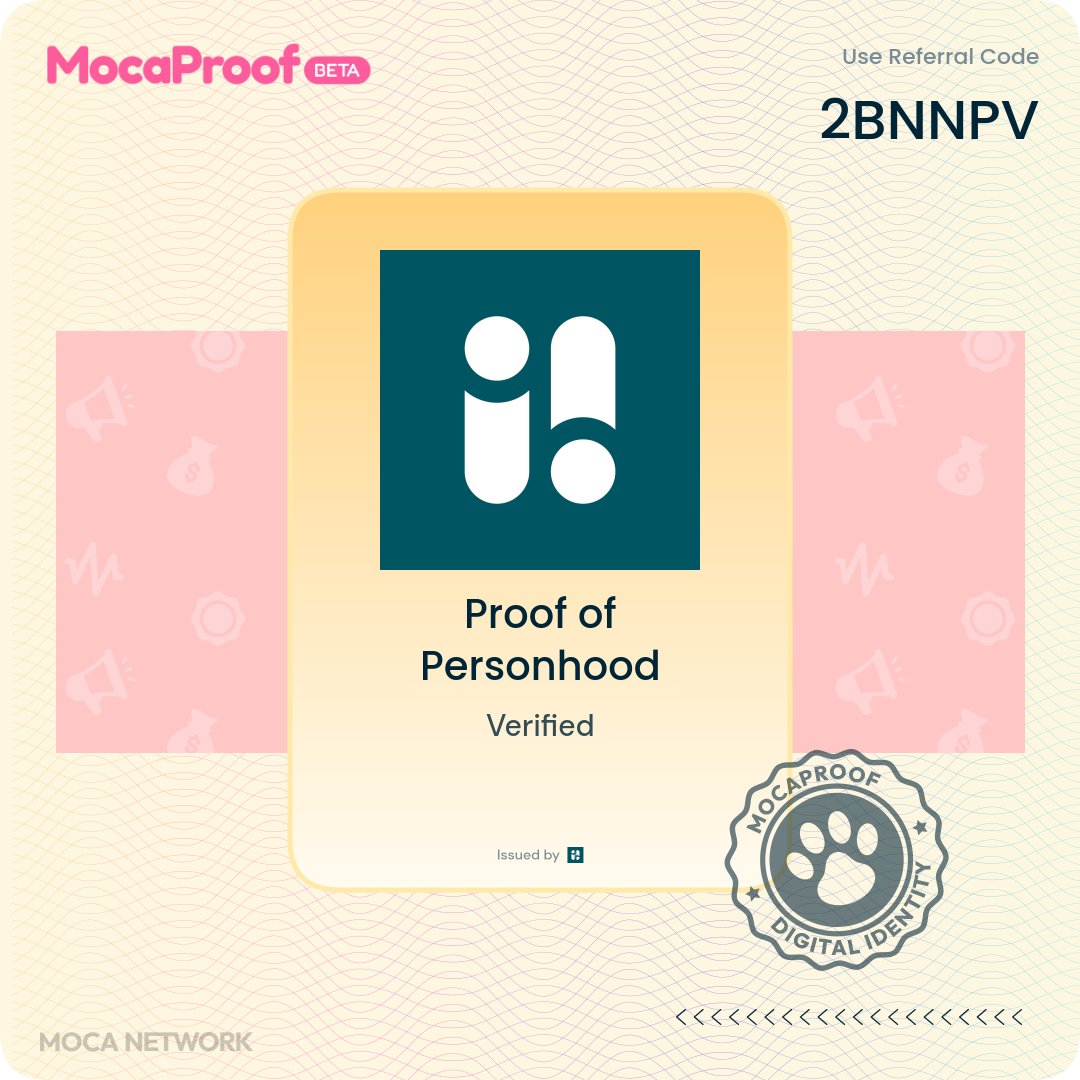 Just claimed my Proof of Personhood credential on-chain ✅

Build your identity, collect your own credential proof, and get rewards on MocaProof → app.moca.network/r/2BNNPV