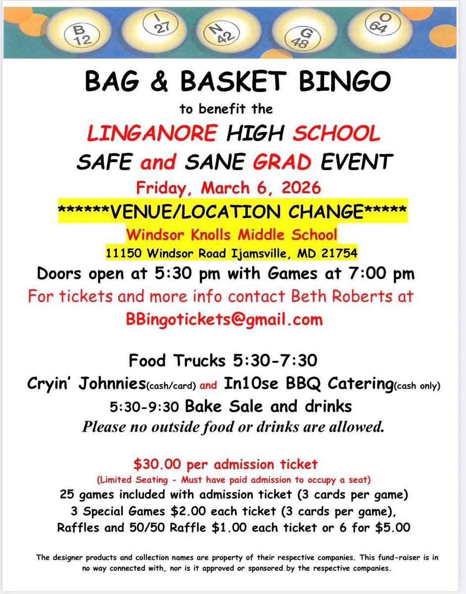 Bag Bingo Event location has changed. Food Trucks and Bake Sale added
*Student and parent volunteers needed 
*Baked goods, prepackaged snacks and drink donations are needed. 
*Message Bbingotickets@gmail.com if you are able to help in any of the above or need to purchase tickets.