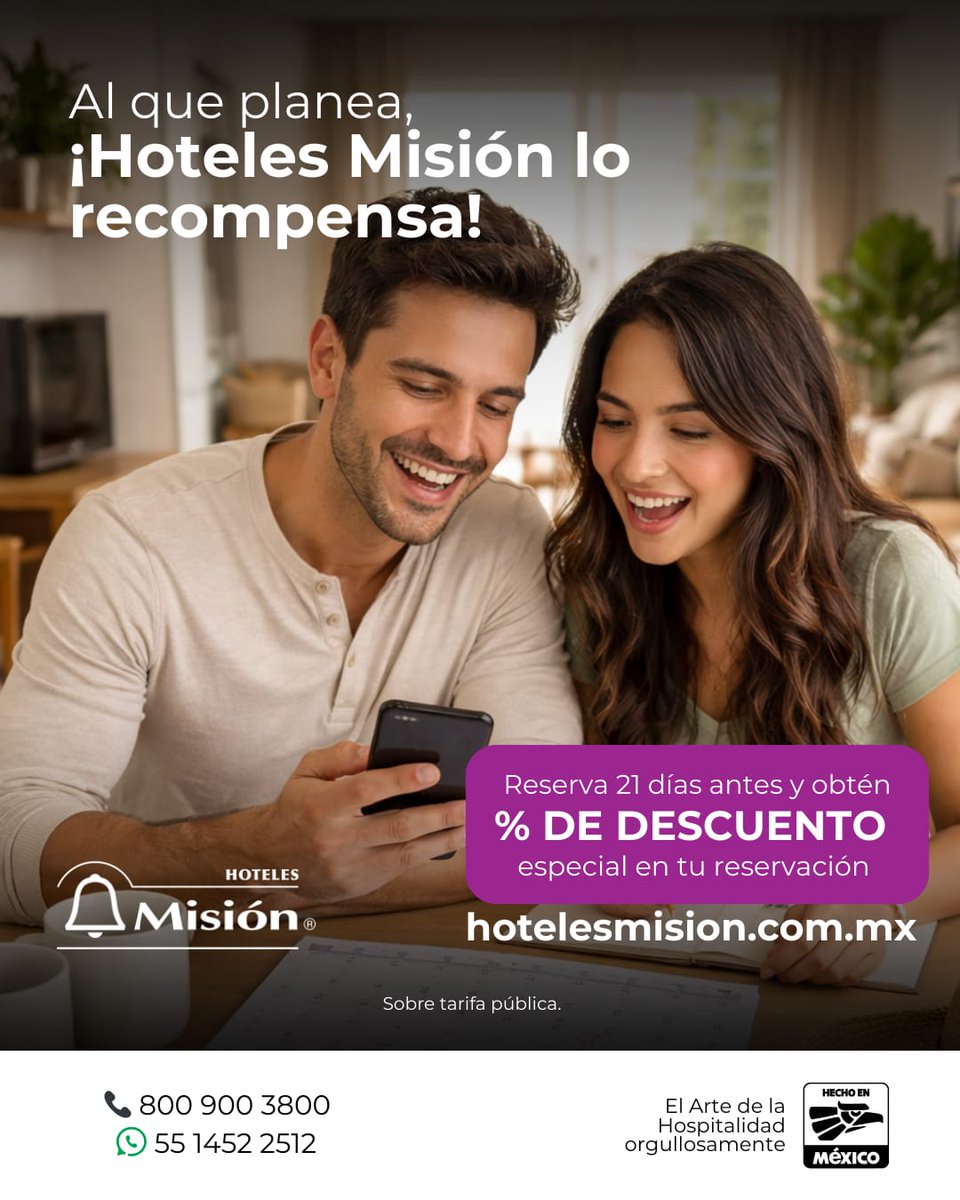 Reserva con anticipación y recibe descuentos especiales.
Déjanos atenderte con la Calidez Mexicana que nos caracteriza. 🇲🇽💜✨

🌐hotelesmision.com.mx 
📞800 900 3800
🤳🏽WhatsApp: 55 1452 2512
👩🏽‍💻O solicita tu cotización a través de nuestro formulario: bit.ly/467rlp1