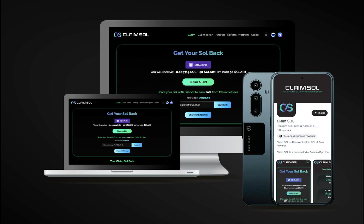 Stop donating your $SOL to the network! ✋
<a href="/ClaimSol_/">Claim Sol</a> is live on the @SolanaMobile dApp store.
✨ One Transaction: Close 25 accounts at once.
✨ Found Money: Reclaim ~0.002 SOL per account.
✨ Dual Rewards: Earn $CLAIM + watch the burn.
✨ Affiliates: 4% lifetime commission.
In