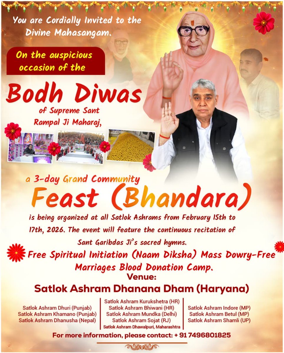 #WarmInvitation_ToTheWorld
#संतरामपालजी_बोधदिवस_निमंत्रण
Dates: February 15, 16, and 17, 2026.
Venue: 3-day Grand Community Feast (Bhandara) at all Satlok Ashrams.
Special Events: Free Naam Diksha for all seekers.
Social Reform: Dowry-free mass weddings.
3Days Left For Bodh Diwas