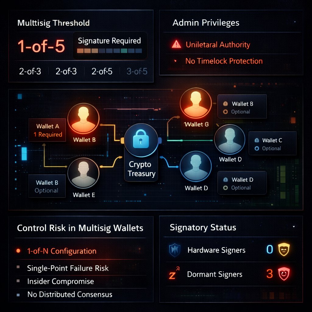 TokenToolHub's tweet image. THREAD
🚨 On-Chain Risk: Multisig Misconfigurations 🚨
15% of multisig wallets are configured as 1-of-N.
That means one signer can move everything.
That is not distributed security. 🧵👇