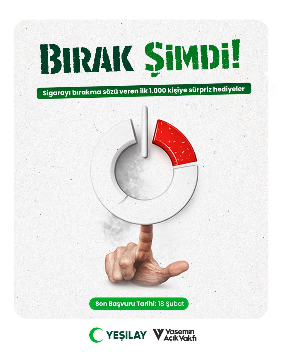 Sevdiklerinize en güzel hediye sizsiniz!

🔗 forms.office.com/r/DwpbAREmL1

Formu doldurup sigarayı bırakmaya söz veren ilk 1.000 kişiye Yeşilay Marketten sürpriz hediyeler !

Tütünsüz bir hayata “merhaba” demek için şimdi tam zamanı.

Asıl büyük hediye,
Daha rahat bir nefes,
Daha
