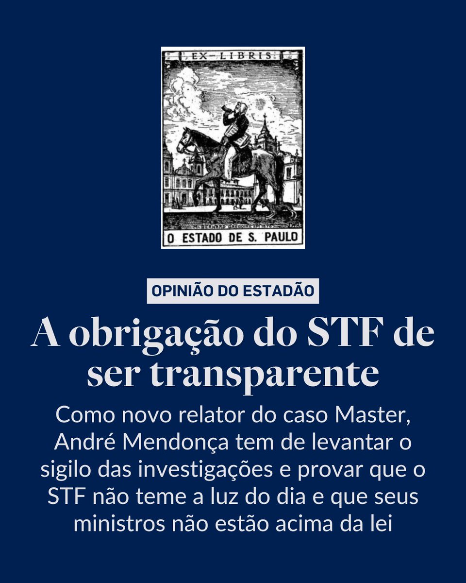Estadao's tweet image. EDITORIAL | A obrigação do STF de ser transparente – “Além de se tratar de um imperativo republicano, o fim do sigilo é imprescindível para o resguardo do próprio STF, há muito enredado nessa ampla teia de suspeitas”. 

Leia o texto completo em x.gd/jR73r