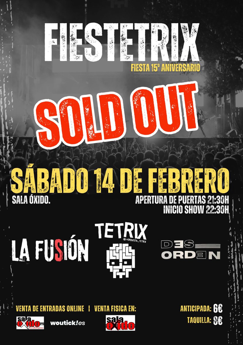 Y después de un Sold Out, llega otro con nuestros hermanos y amigos de tantos kilómetros como son TETRIX. 
Currantes donde los haya, se merecen todo lo bueno que les pase. 
No quedan entradas y será un día para recordar.