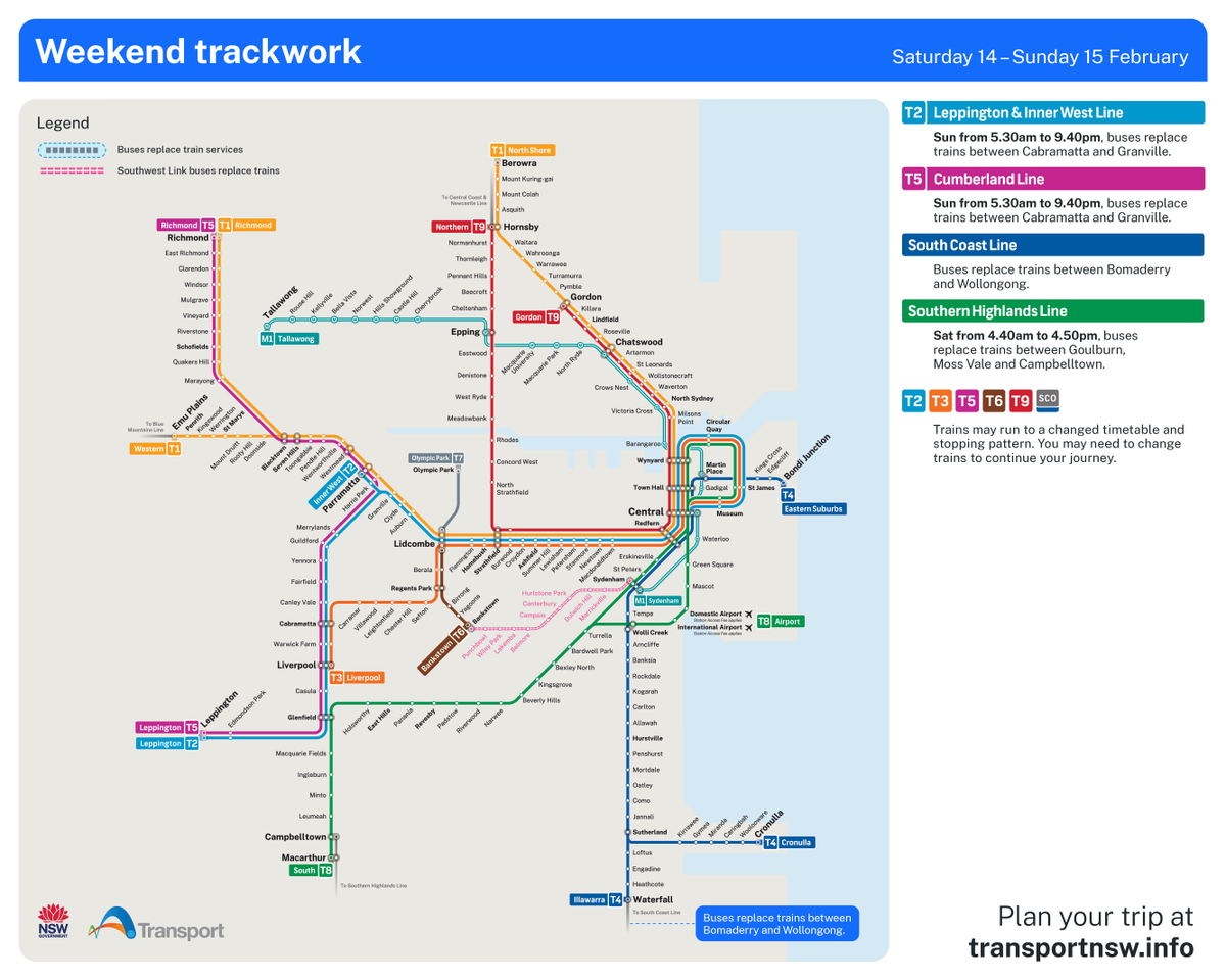 Travelling on the T5 tomorrow morning?

From 5.30am to 9.40am, buses will replace trains between Cabramatta and Granville.

Trains will run to a changed timetable between Leppington &amp; City via Regents Park, and between Richmond/Schofields &amp; Olympic Park.

transportnsw.info/alerts/details…