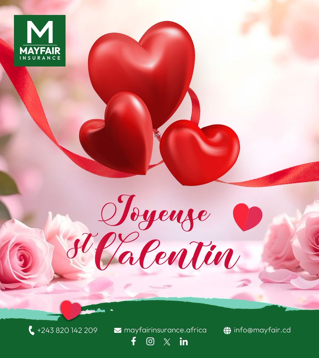 MayfairSa's tweet photo. Mayfair Insurance Congo vous souhaite une bonne Saint-Valentin !

En cette journée dédiée à l'amour, nous vous souhaitons de précieux moments avec vos proches. N'oubliez pas que protéger ce qui compte le plus est essentiel. https://t.co/N6WaMgOyW9
