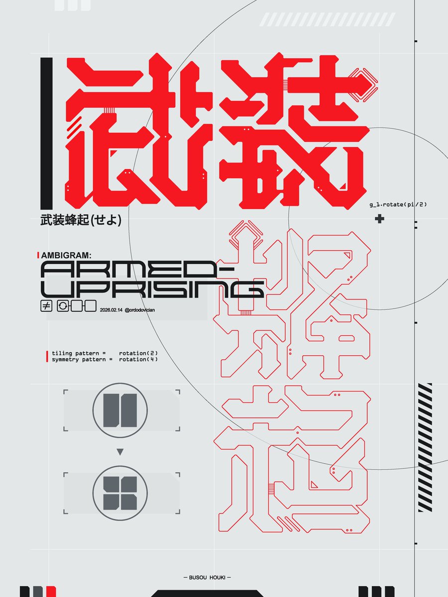 『武装蜂起』回転式複合型

「武装」を縦に傾けると「蜂起」になります。
#アンビグラム　#作字