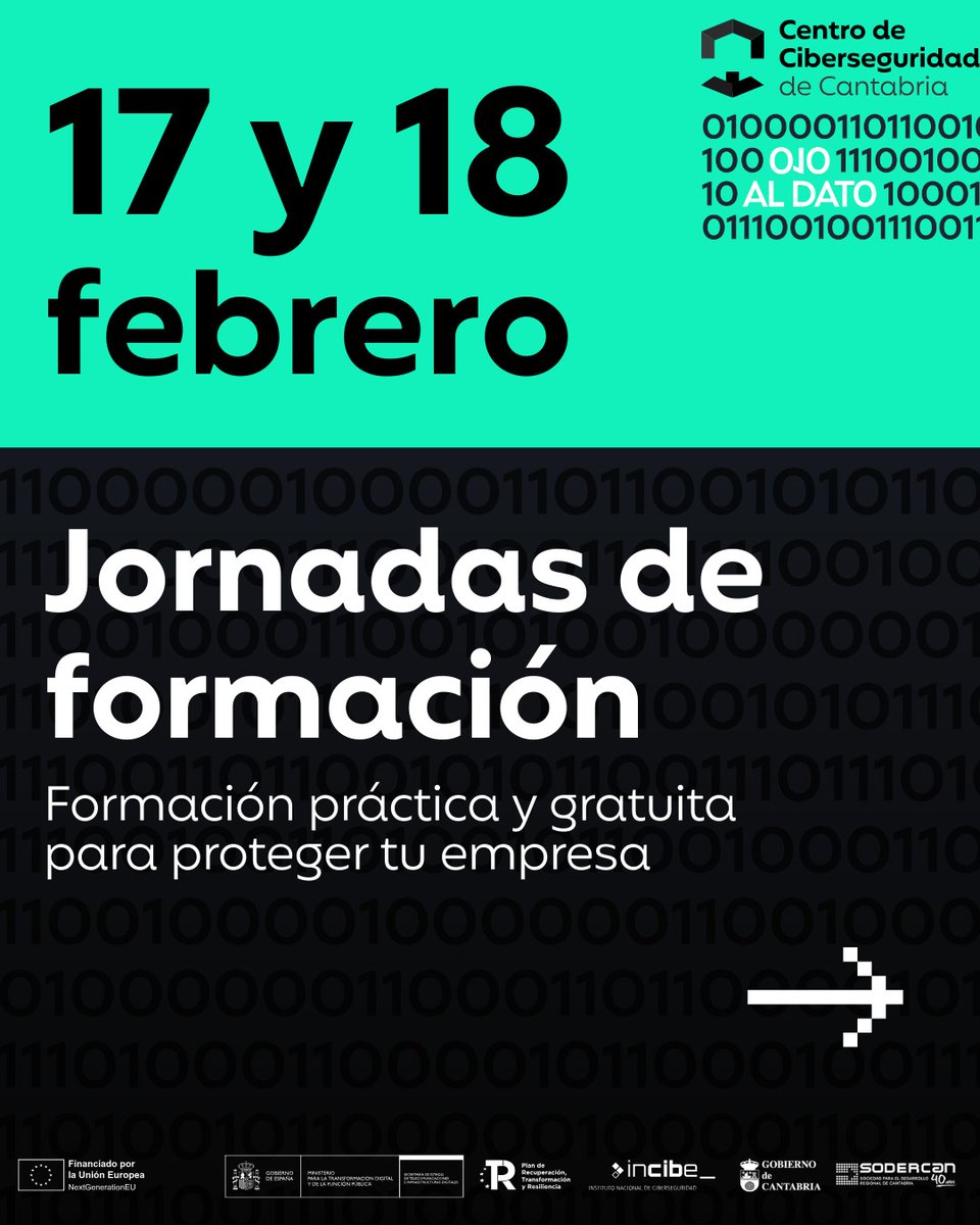 Sodercan's tweet photo. 📅 Próximos eventos en el Centro de Ciberseguridad de Cantabria ¡No te los pierdas!

▪ 17 FEB Desarrollo Seguro Básico

▪ 18 FEB Fundamentos esenciales para pymes · NIS2 y CRA · Gestión de crisis

Inscríbete 👉 https://t.co/LoToQh5Ahe https://t.co/mWxA1Ek6Q6