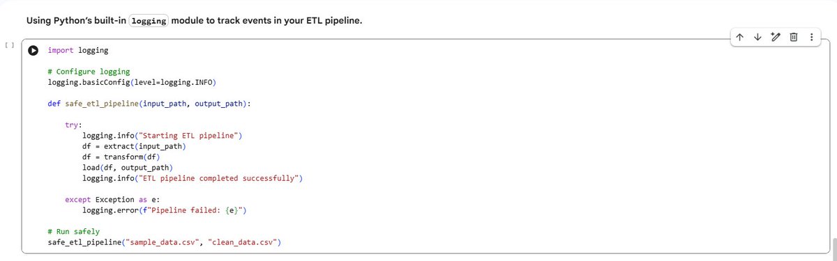 Austinuche18's tweet photo. 🔹Used Python’s built-in `logging` module to log and handle error in ETL pipeline.

🔹 Reading and Writing to Azure Blob Storage
 Worked with Azure Blob Storage to store and retrieve data in the cloud

#DataEngineering #Python #ETL #Data #DSN #DeepTech_ReadyProgram #3MTT https://t.co/mTkEk5uFkK