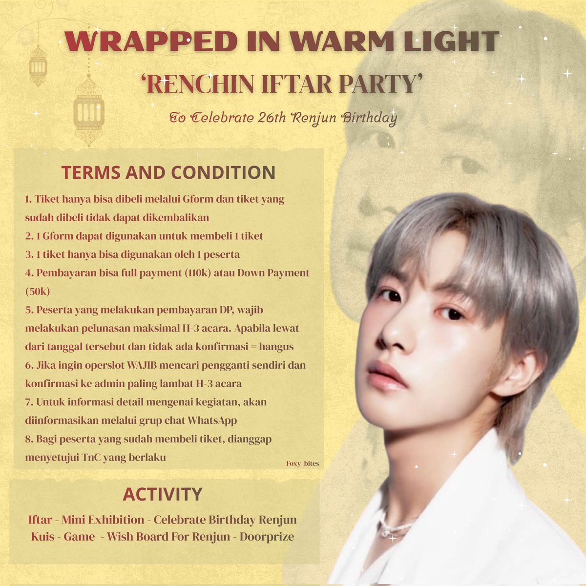 hrjunfess's tweet photo. โจ WRAPPED IN WARM LIGHT โจ
Renchin Iftar Party โ Celebrate Renjunโs 26th Birthday ๐๐ by: @foxy_bites23
๐
14 Maret 2026 | 17.30 WIB
๐ Aleska Coffee & Lounge, Jaksel
๐ 110K (DP 50K)
๐ ๐๐ค๐
Limited slotโผ๏ธ
#RenchinIftarParty #Renjun26th #WrappedInWarmLight #RenjunBirthday https://t.co/2QVf6w9QcX
