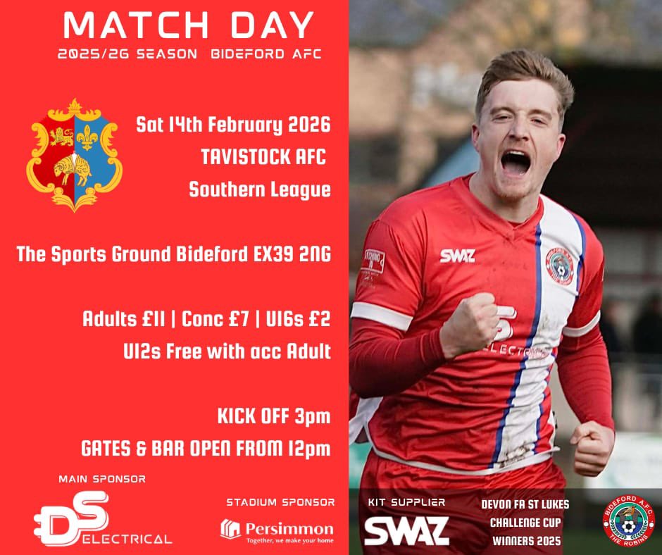 𝗠𝗮𝘁𝗰𝗵𝗱𝗮𝘆 ⚽️

The pitch has passed the morning inspection so it’s game on!

Big game today as we welcome Tavistock for a Devon derby at the <a href="/PersimmonHomes/">persimmonhomes</a> Sports Ground.

3pm kick off so come and join us 🙌🏻 

<a href="/swsportsnews/">South West Sports News</a> <a href="/tafclambs/">Tavistock AFC</a> 

#ROBINS
