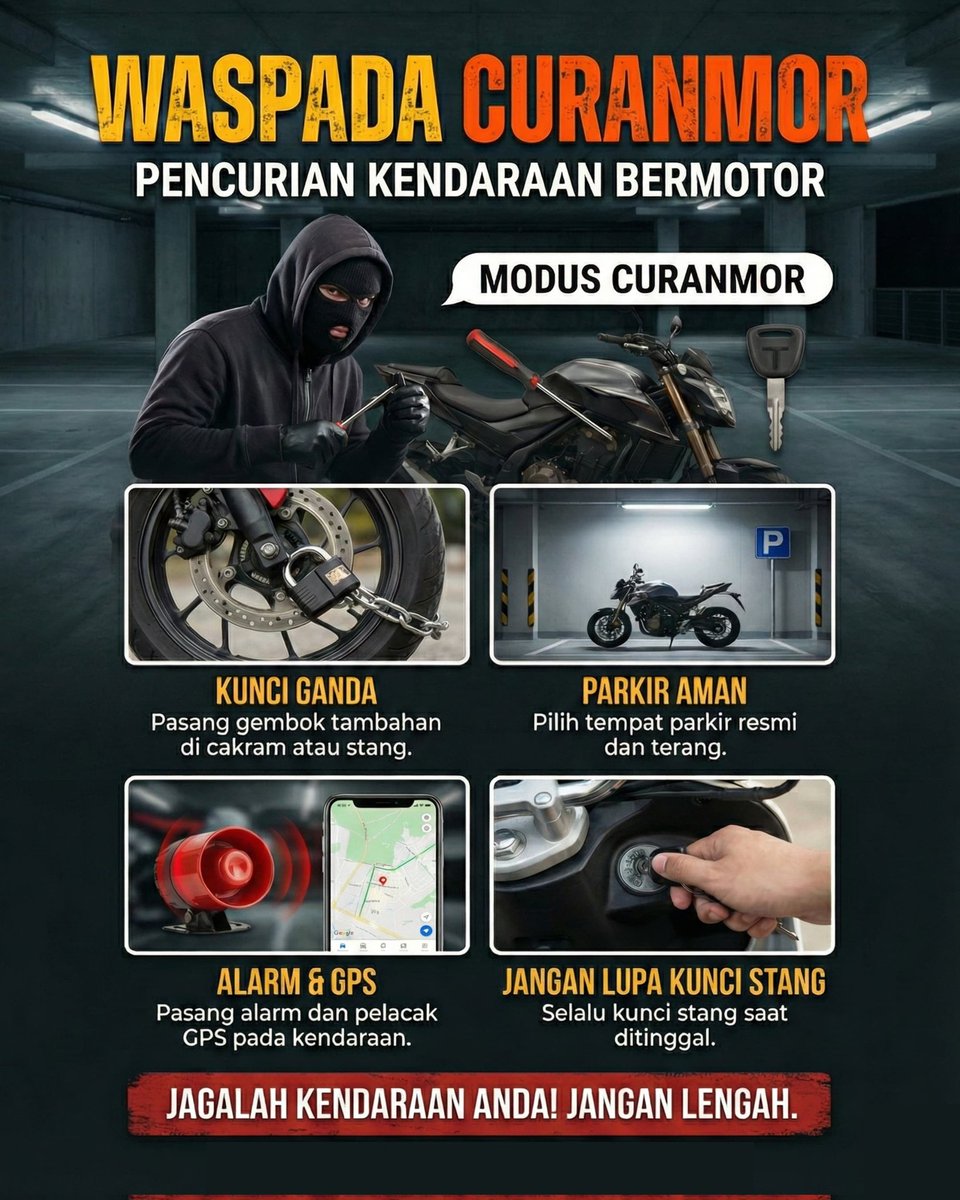🚨 WASPADA CURANMOR! 🚨
Tindak pidana pencurian kendaraan bermotor (curanmor) masih menjadi ancaman di lingkungan sekitar kita. Pelaku kerap memanfaatkan kelengahan pemilik kendaraan, terutama saat parkir di tempat umum, kos-kosan, maupun di depan rumah tanpa pengamanan tambahan.