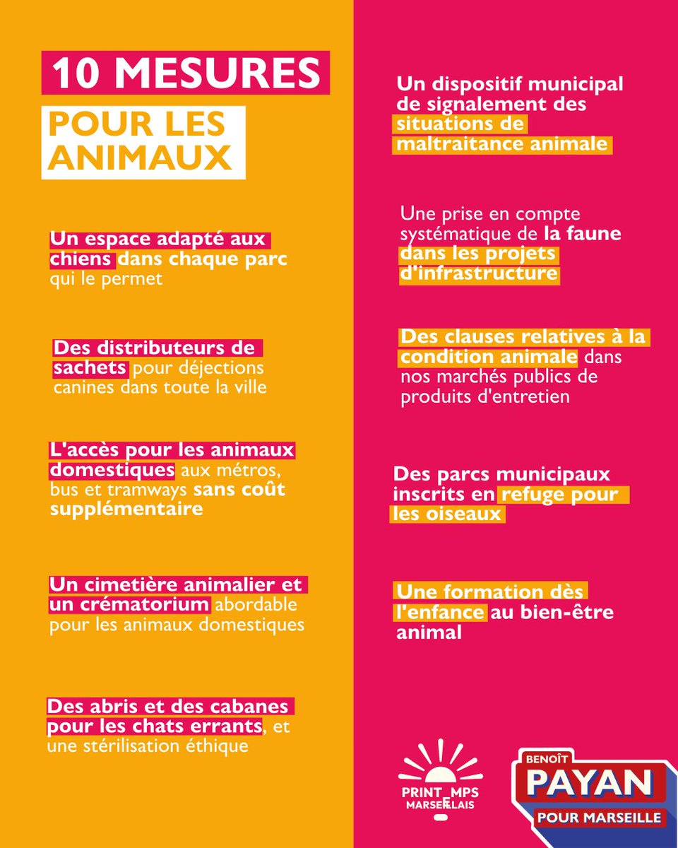 Protéger Marseille, c'est veiller sur l'ensemble du vivant et nos animaux en font partie. 

Retrouvez nos propositions pour le bien être animal.

Le 15 et 22 mars, on vote Benoît Payan pour Marseille et le Printemps marseillais ! ☀️