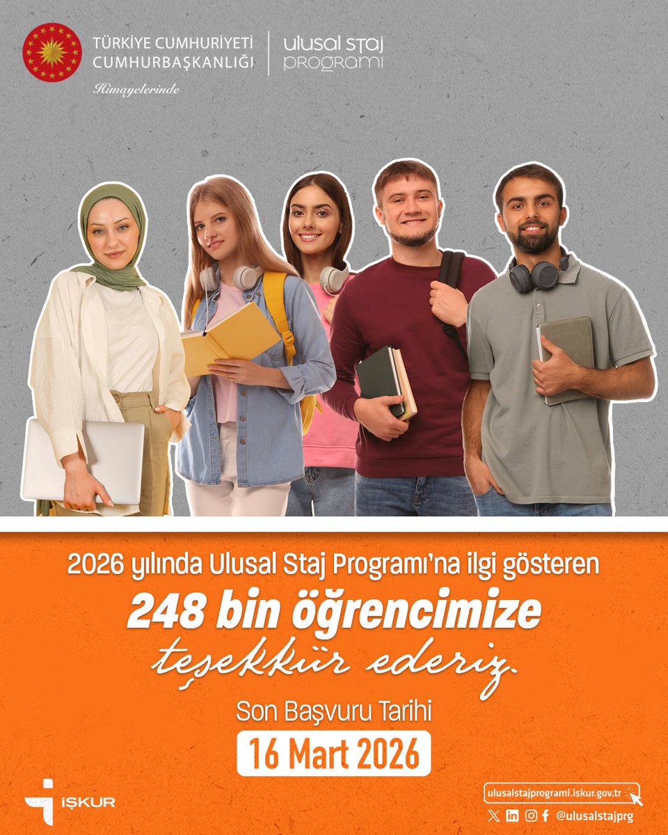 💫Cumhurbaşkanlığı himayelerinde uygulamaya başladığımız Ulusal Staj Programına ilgi gösteren tüm gençlerimize teşekkür ederiz.

🗓️Programa son başvuru tarihi: 16 Mart 2026 

➡️Detaylı bilgi için:👇🏻
🔗ulusalstajprogrami.iskur.gov.tr

❗️Başvurularınızı tamamlamayı unutmayın.