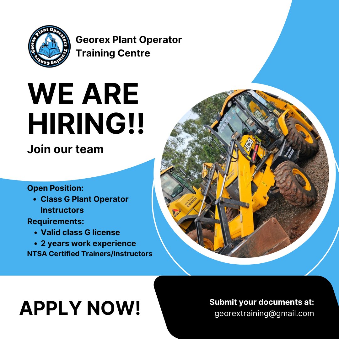 WE ARE HIRING!
we are looking for qualified Class G Plant Operator Instructors to join our growing team!
If you have a valid Class G license, at least 2 years of experience, and are NTSA certified, we want to hear from you.

📩 Submit your documents to: georextraining@gmail.com