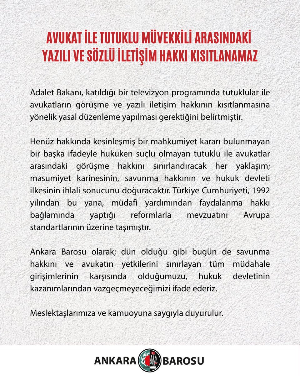 AVUKAT İLE TUTUKLU MÜVEKKİLİ ARASINDAKİ YAZILI VE SÖZLÜ İLETİŞİM HAKKI KISITLANAMAZ

Adalet Bakanı, katıldığı bir televizyon programında tutuklular ile avukatların görüşme ve yazılı iletişim hakkının kısıtlanmasına yönelik yasal düzenleme yapılması gerektiğini belirtmiştir.