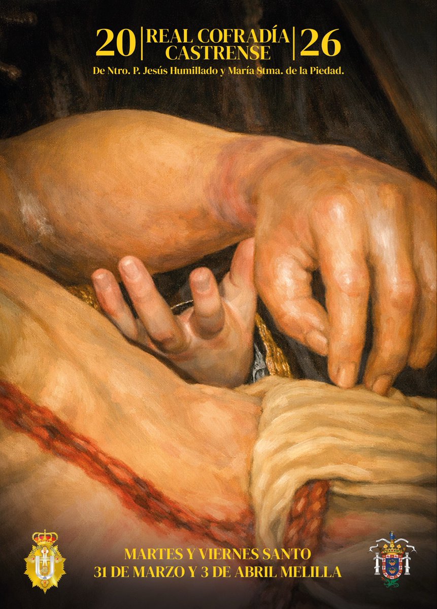 𝐀𝐂𝐓𝐎𝐒 ||
La Real Cofradía Castrense de Ntro. P. Jesús Humillado y Mª Stma. de la Piedad presenta el cartel oficial de sus salidas procesionales 2026: “Pietas Aeterna” de Adam Correa Mohamed, presentado por Diego Jesús Conesa Para. 

#Cuaresma2026 #Melilla #Piedad #Humillado