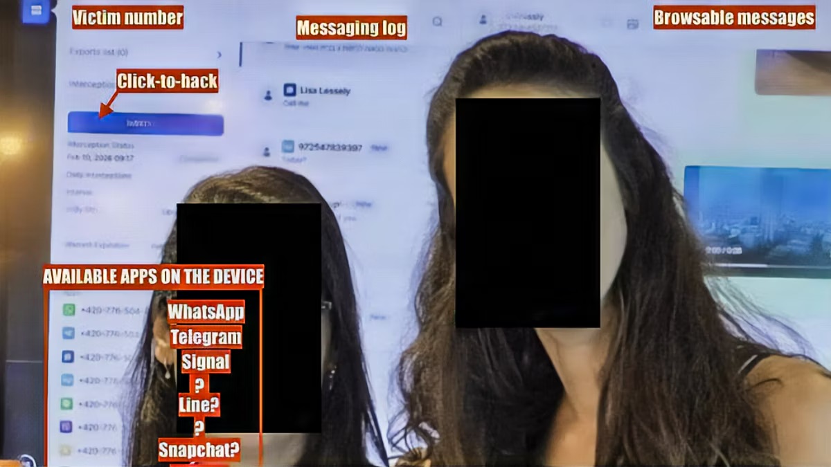 Quei due volti sono coperti, ma voi non concentratevi su quello.
Concentratevi sul pannello di controllo che vedete alle spalle delle due ragazze.
Perché, vedete, quello è il pannello di uno spyware militare. 
È "Graphite" della società israeliana #Paragon Solutions, quello che è