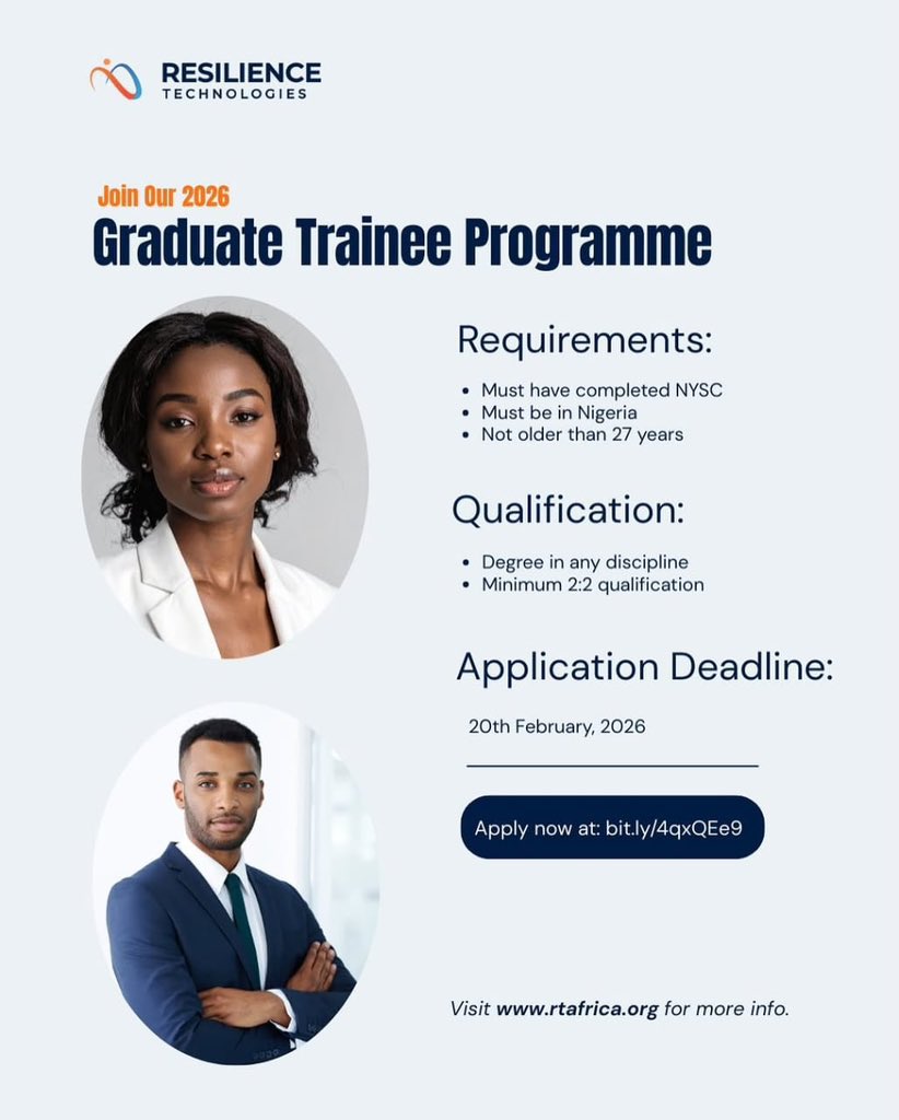 MSIngawa's tweet image. JOB ALERT

Graduate Trainee Programme at Resilience Technologies

Requirements
-Must have completed NYSC
-Must be in Nigeria
-Not older than 27 years
-Degree in any discipline
-Minimum 2:2 qualification

Link: jobbank.ingawafellowship.org/jobs/698f8fd14…