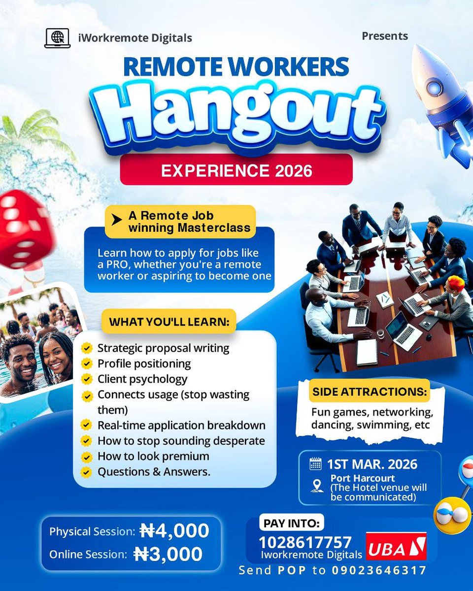 drharveee's tweet image. Remote workers Hangout for those in Portharcourt and also those who are interested inter-state, below are the full details on the flyer, kindly contact the number for more clarification. Thank you

#remoteworker #hangout #jobsession