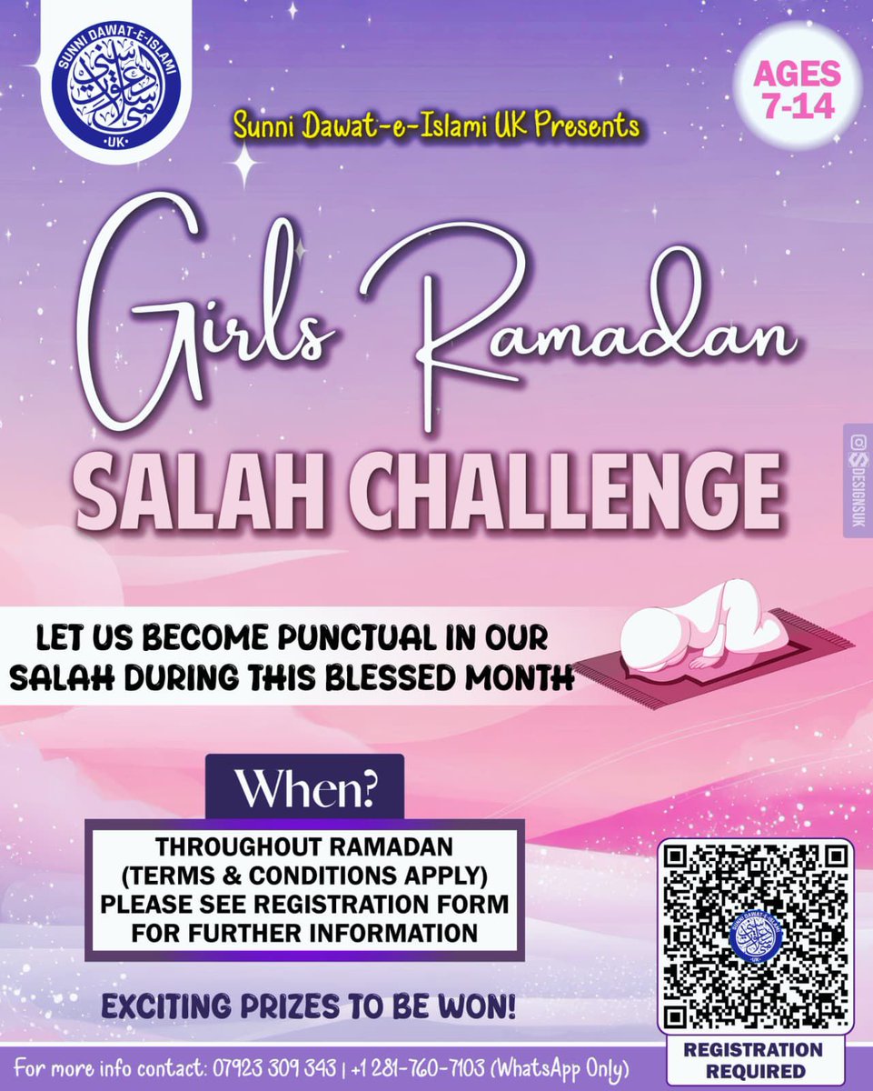 🌙✨Girls Ramadan Salah Challenge (Ages 7–14)✨🌙

Encouraging our girls to stay punctual with their Salāh this blessed Ramadan 🤍

🗓 Throughout Ramadan
🎁 Prizes to be won
📋 Registration required

Let’s make this Ramadan full of Barakah and beautiful habits, in shā’ Allāh 🤲🏽✨