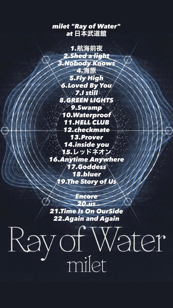 _milet_301's tweet photo. milet "Ray of Water" 
at 日本武道館 setlist セトリ

Support member
Cho : Elley
Gt : 野村陽一郎
Ba : Kota Hashimoto
Dr : 堀正輝
Key : カメダタク

@milet_music
#milet
#milet_RayofWater https://t.co/trpGnqU96B