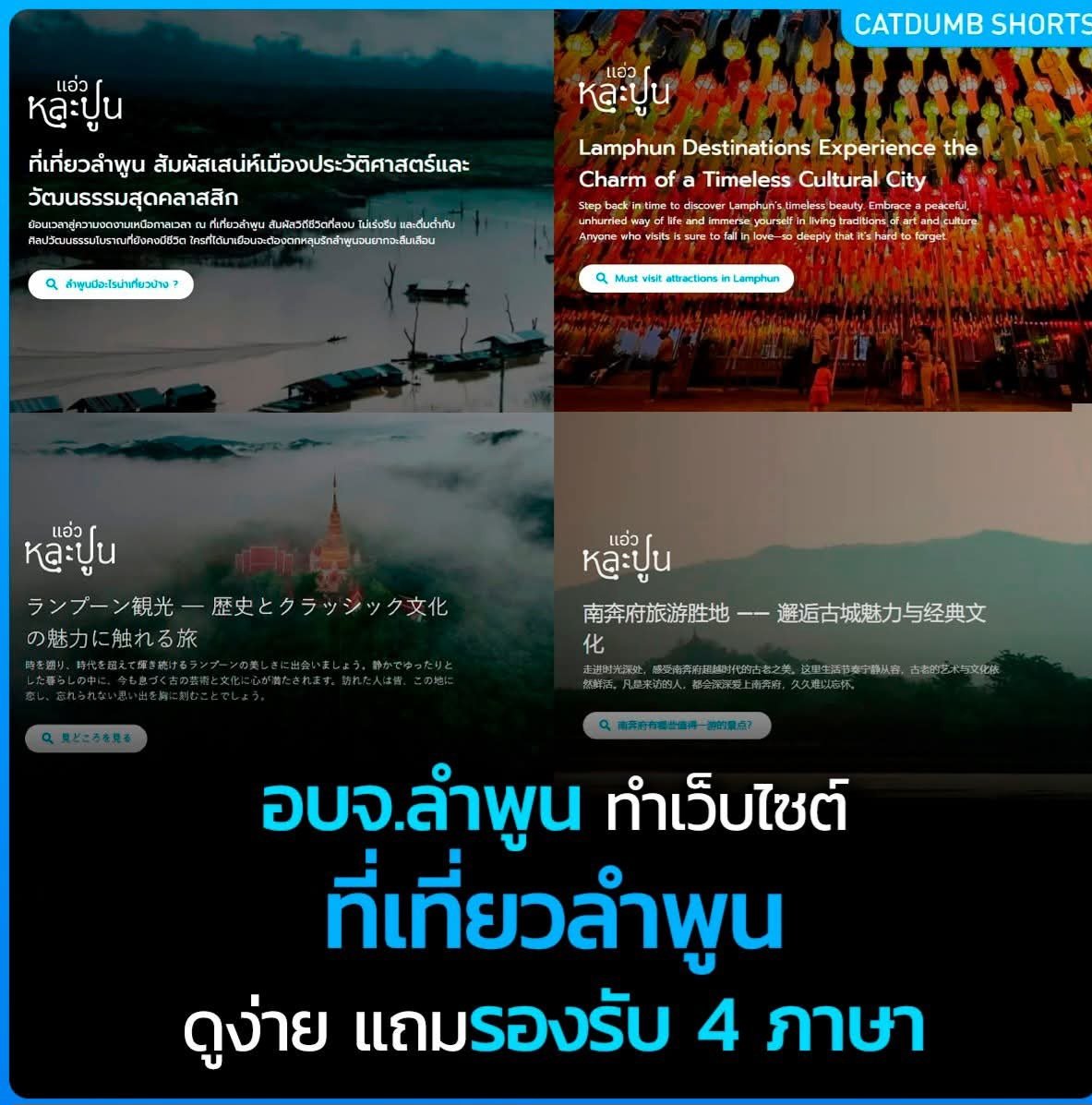 อันนี้กำลังเป็นไวรัลเลย
 
ล่าสุด อบจ. ลำพูน เขาทำเว็บไซต์ที่เที่ยวลำพูนขึ้นมา (ไม่แน่ใจว่ามีมานานยัง) แต่หน้าเว็บไซต์ในตอนนี้รองรับนักท่องเที่ยวได้ถึง 4 ภาษาเลย!
 
ภายในเว็บยังทำออกมาให้ดูง่าย แบ่งหมวดหมู่สถานที่ท่องเที่ยวเป็นคาเฟ่ ที่พัก วัด ร้านอาหาร และอะไรหลาย ๆ อย่าง