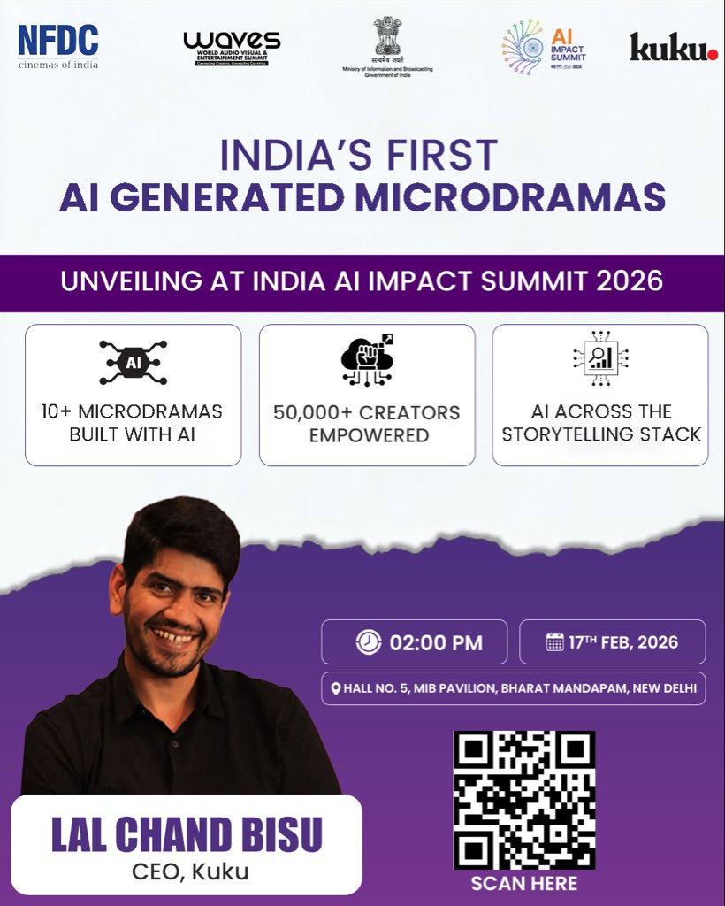 WAVESummitIndia's tweet image. Landmark collab at India AI Impact Summit 2026!
Join Lal Chand Bisu (CEO, Kuku) as we unveil India’s first AI-generated microdramas—reshaping storytelling from script to screen.

Hall 5, MIB Pavilion, Bharat Mandapam, DL
17 Feb 2026 | 2 PM

#IndiaAIImpactSummit2026 #Waves #KukuFM