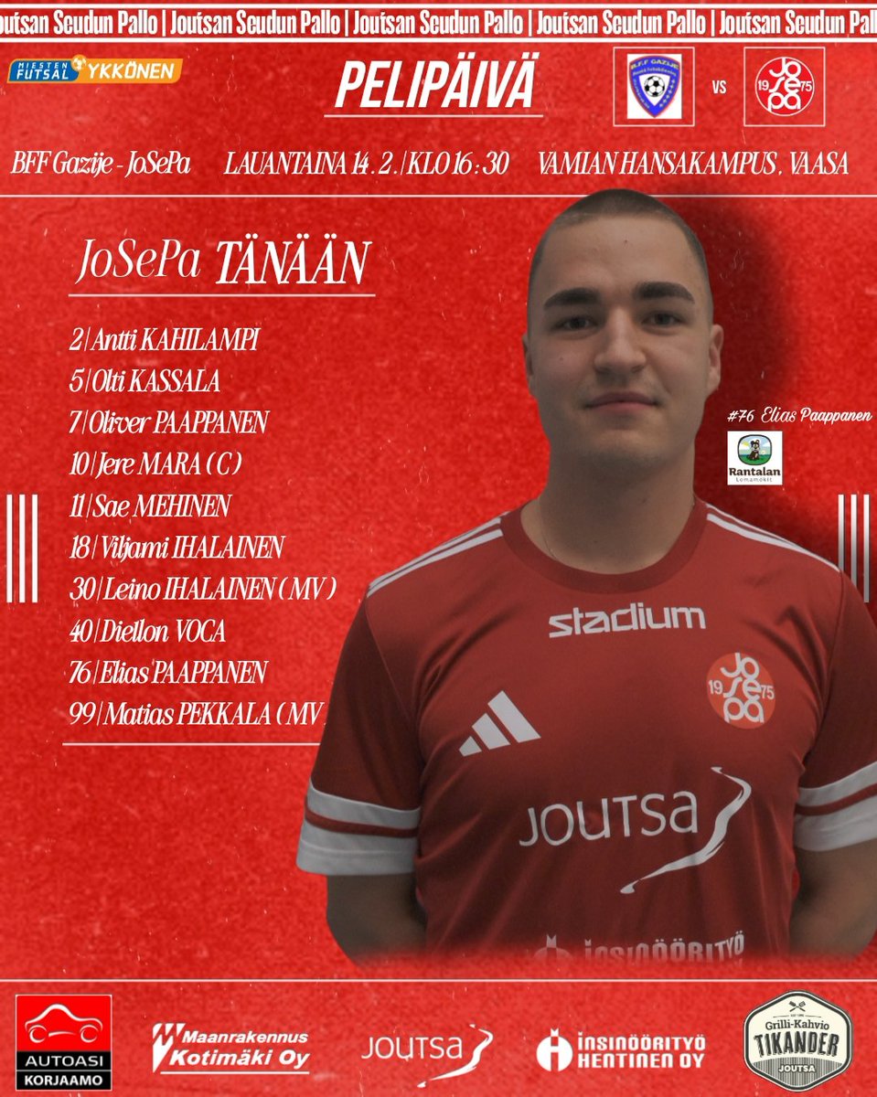 Pelipäivä! Tänään taistellaan pisteistä Vaasassa. BFF Gazije - JoSePa käyntiin klo 16:30 Vamian hansakampuksella! 🔥🔴⚽

#futsalfi #joutsa