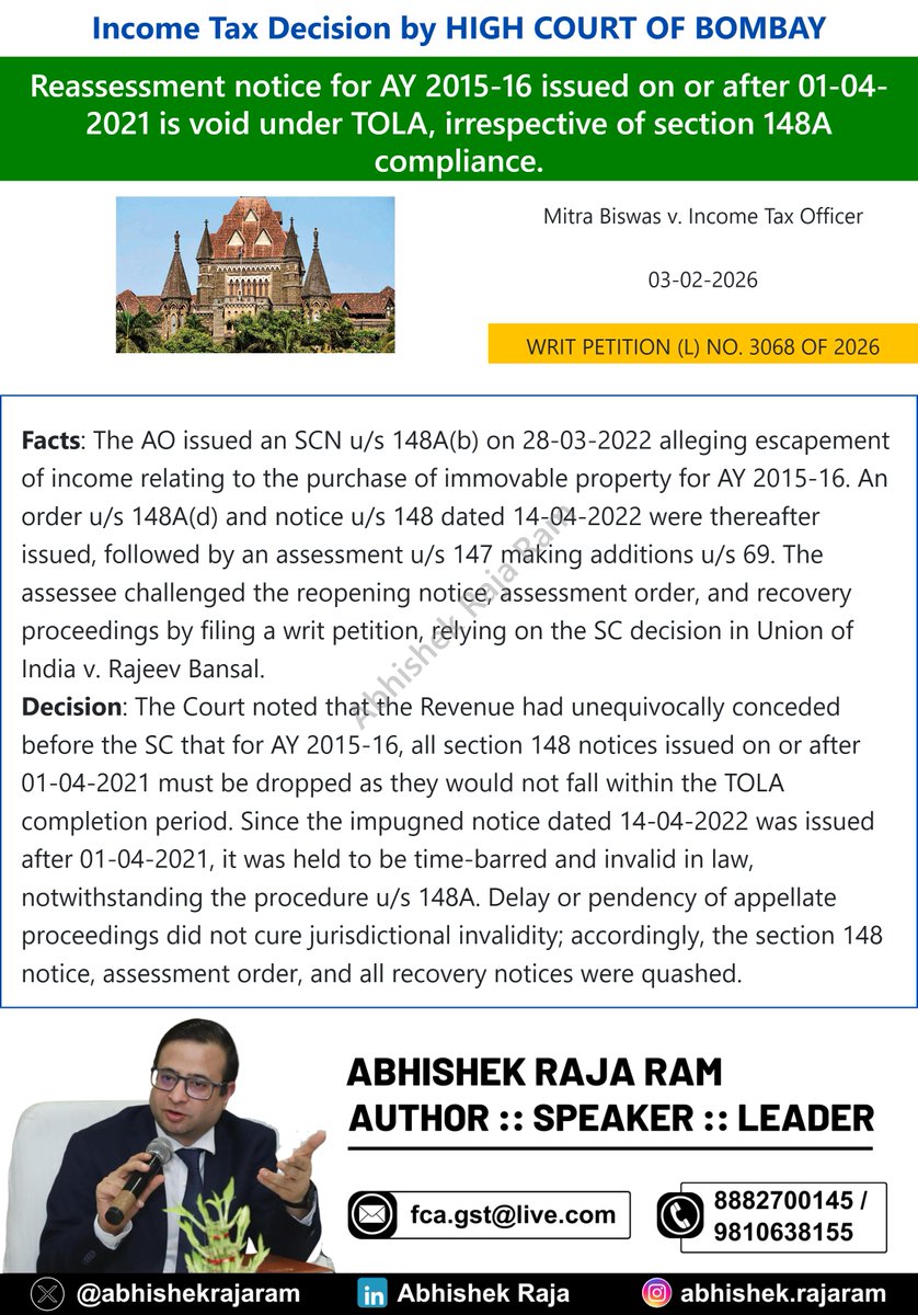 abhishekrajaram's tweet image. Bombay HC : Reassessment notice for AY 2015-16 issued on or after 01-04-2021 is void under TOLA, irrespective of section 148A compliance.

#Caselaw #BombayHighcourt #GST