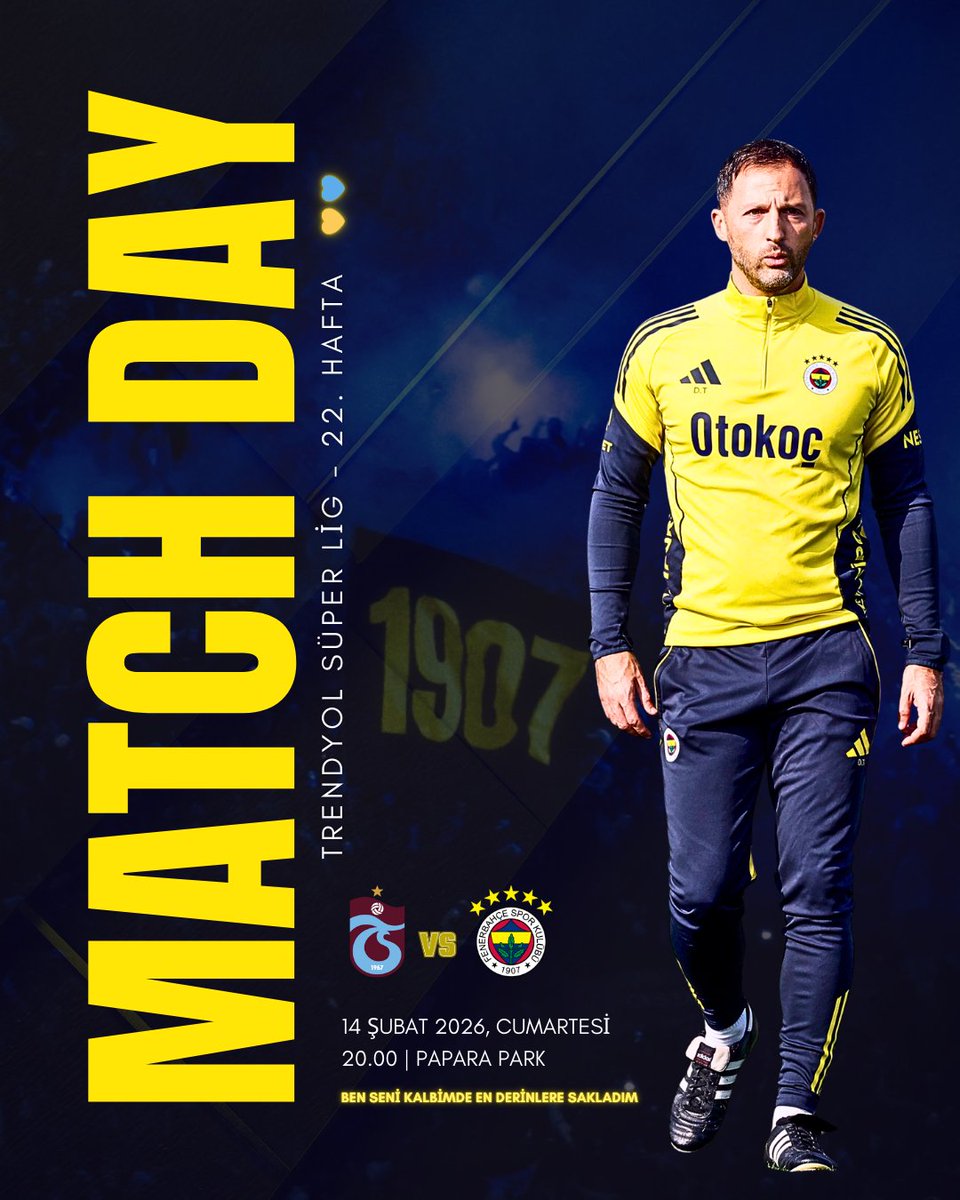 🏆 Trendyol Süper Lig
⚔️ Trabzonspor 🆚 Fenerbahçe 
🗓️ 14 Şubat Cumartesi 
🕗 20.00 
📍 Papara Park

📲 #TSvFB | #fenerbahçe 💛💙