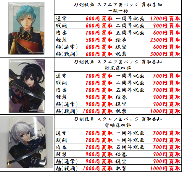 買取情報】刀剣乱舞 ・スクエア缶バッジ各種 当店の買取ご利用お待ちし