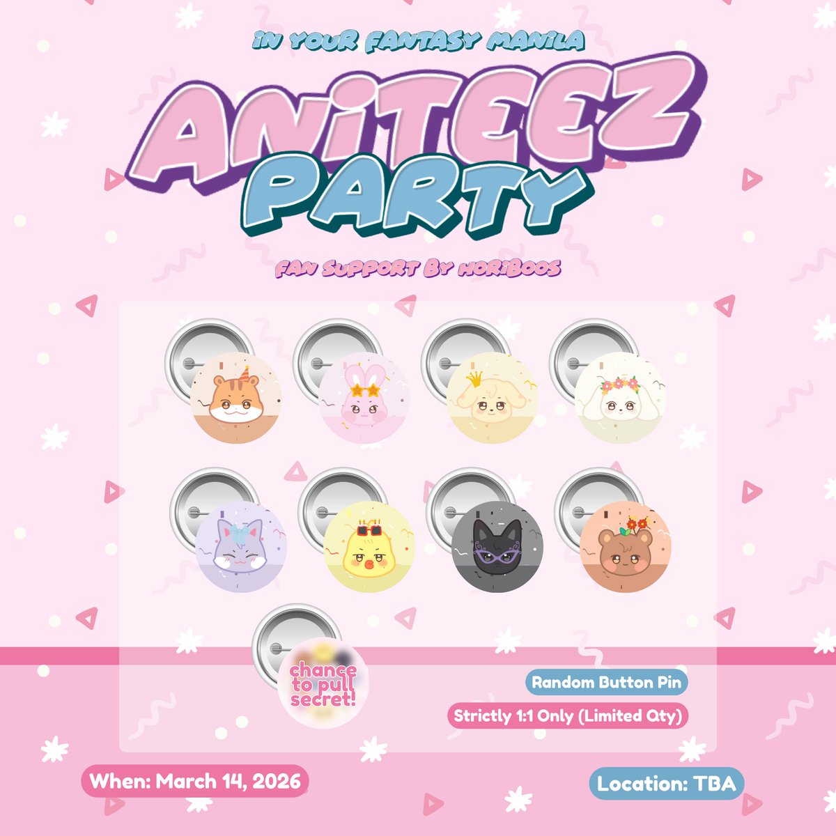 ·˚ ༘༘⋆ˎˊ˗ welcome to aniteez party ·˚ ༘༘⋆ˎˊ˗
official fan support by <a href="/horiboos/">sky</a> 

ᯓ random button pin
ᯓ limited qty, 1:1 only
ᯓ like &amp; rt (follow, optional)
ᯓ loc: tba (around araneta)

#ATEEZinManila #InYourFantasy_MNL #ATEEZ #에이티즈