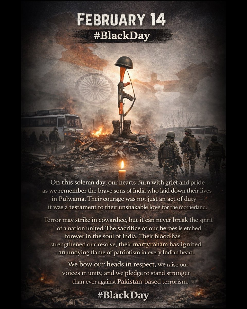 ZahackTanvir's tweet image. February 14 | #BlackDay | On this solemn day, our hearts burn with grief and pride as we remember the brave sons of India who laid down their lives in #Pulwama. Their courage was not just an act of duty — it was a testament to their unshakable love for the motherland.

Terror may