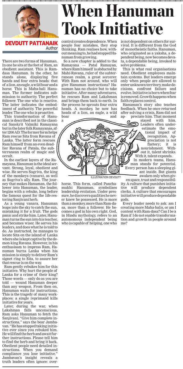 devduttmyth's tweet photo. There are two forms of Hanuman. In one he sits at the feet of Ram, an obedient assistant. In the other, he stands alone, displaying ten hands and four extra heads.

Read more...
Hanuman and the power of initiative and leadership growth

https://t.co/7JBv5Wo9fr https://t.co/3LM3C0dQOl