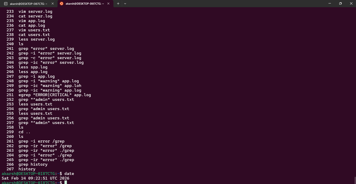 akarshjha_'s tweet photo. Day 03 of learning Linux.

Practiced find and grep commands.

Learned how to search files by name, size, user, permission,
and how to filter logs using grep (count, exact match,
multiple keywords, recursive search).

#Linux #Backend #DevJourney https://t.co/baQxH91Wuc