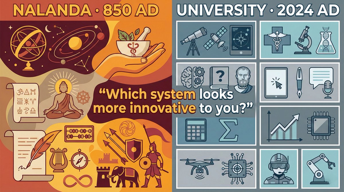 Question for university leaders:

Which system prepared for 21st-century problems?

Left: Nalanda, 850 AD — 67 subjects, no departments, organized by questions.
Right: Your organization, 2024 — rigid silos turf, shaped by old priorities.

Be honest..
#NILF2026 <a href="/narendramodi/">Narendra Modi</a>