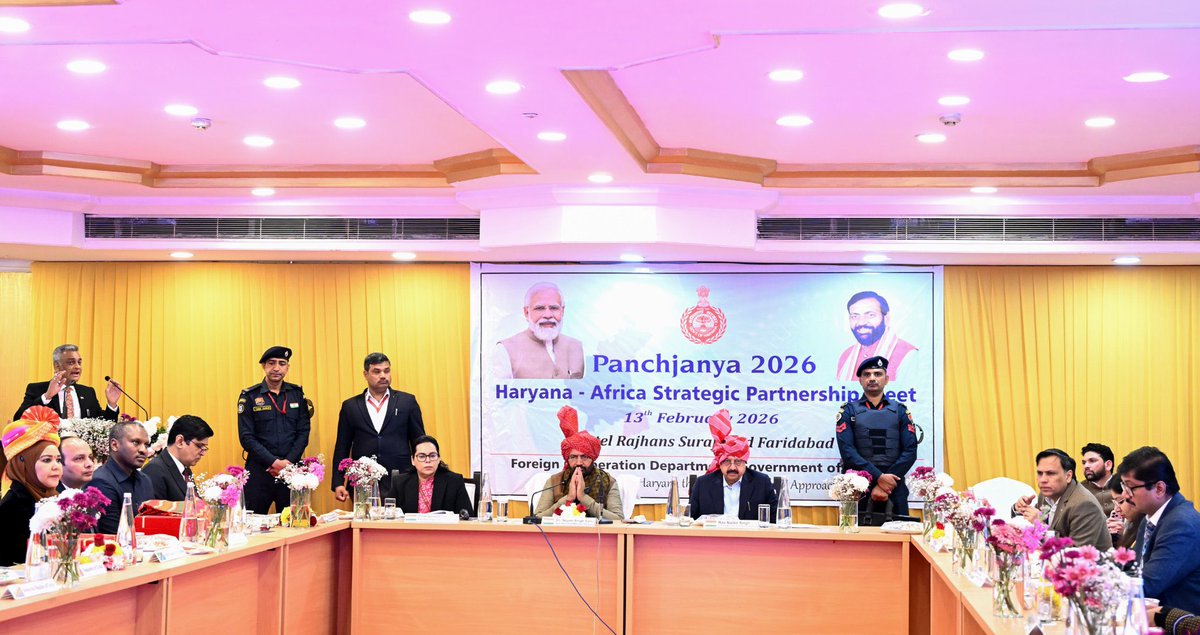 DRCinIndia's tweet photo. Haryana, ce 13 février 2026, la Chargée d’Affaires a.i., Madame Zozo Binti Joséphine, a pris part au Haryana–Africa Strategic Partnership Meet, placé sous le thème : « Transformer l’Haryana grâce à une approche internationale ».

Sous la présidence de l’Honorable Ministre en chef Mr. Nayar Singh Saini, les échanges ont réaffirmé l’engagement en faveur de partenariats durables et équitables, avec un accent particulier sur l’autonomisation des jeunes, le développement des compétences et un commerce bilatéral fondé sur l’intérêt mutuel.

@RDC_Minafet 
@cmohry 
@NayabSainiBJP