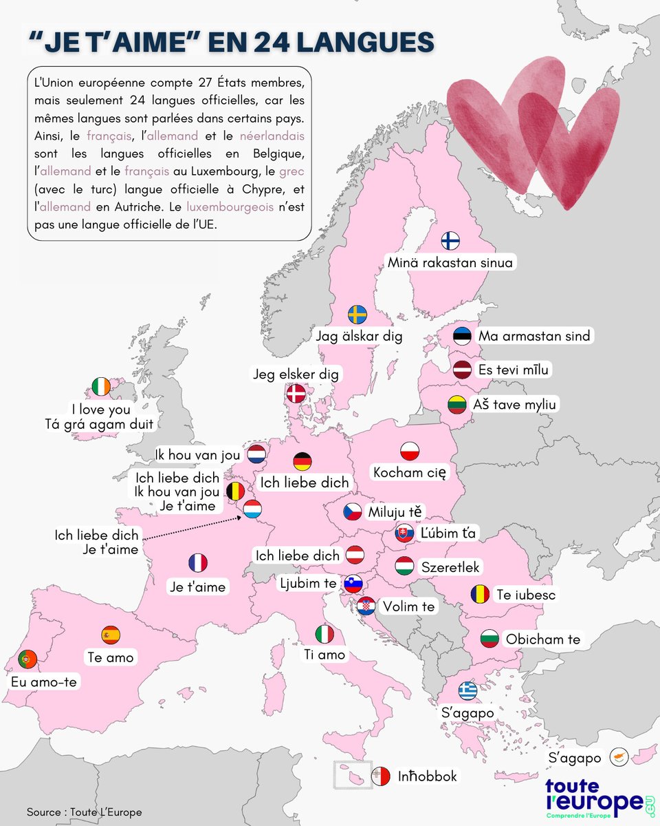 💘 Nous célébrons aujourd'hui la St Valentin ! L'occasion de dire aux personnes qui vous sont chères que vous les aimez. 

💌Et si vous déclariez votre flamme dans les 24 langues officielles de l'Union européenne ? ➡️ l.touteleurope.eu/RSQ