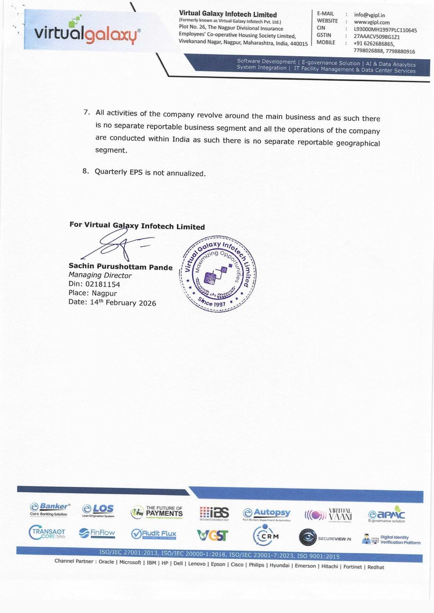 nileshkurhade's tweet photo. 📌 Virtual Galaxy Infotech Limited informed the exchange about its approval for the financial results for the period ended December 31, 2025. #SME #VGINFOTECH 📄🧾 https://t.co/9z00SS34tj