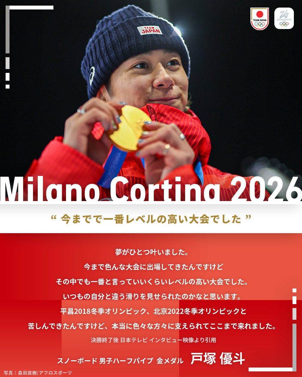 “ 今までで一番レベルの高い大会でした ”

#MilanoCortina2026
スノーボード 男子ハーフパイプ
戸塚優斗 選手

#TEAMJAPAN  #ともに一歩踏み出す勇気を