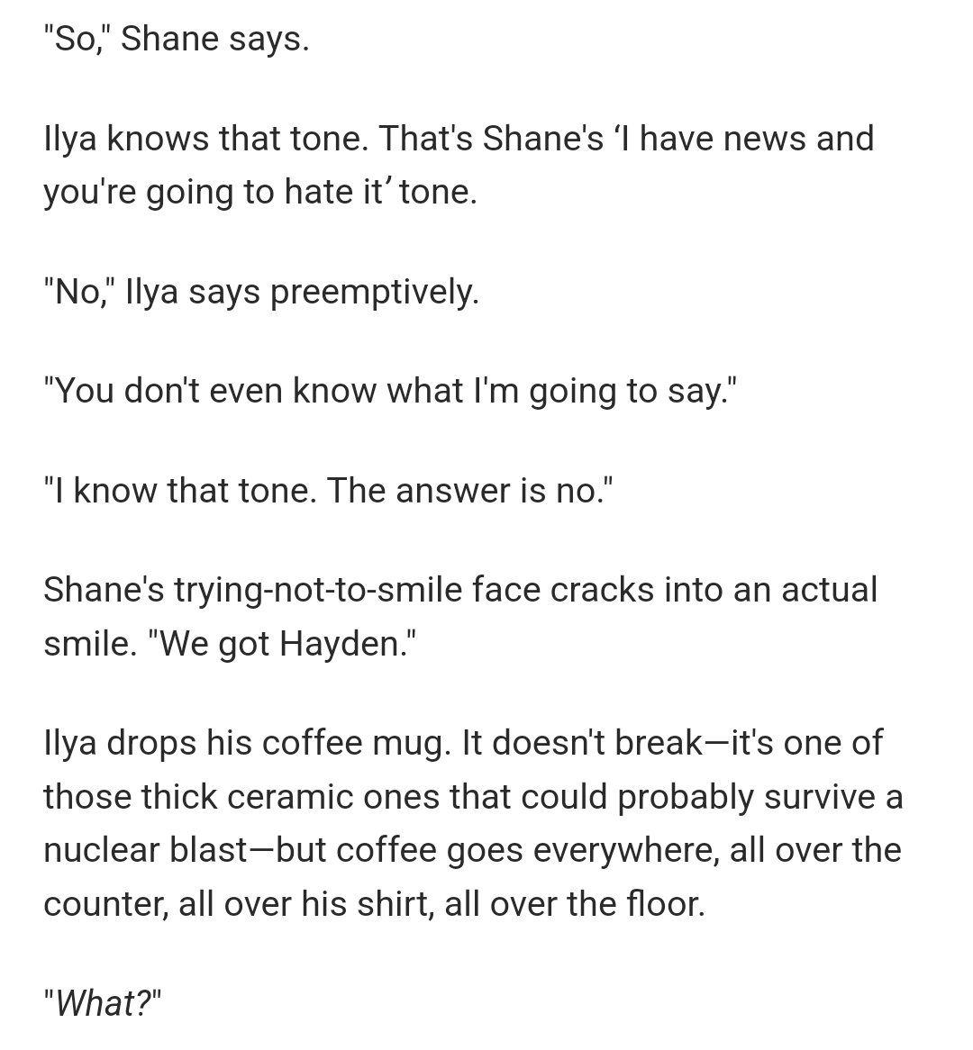 but have you all read the fic where hayden gets traded to ottawa and ilya is crashing out but also having the time of his life with the pike kids for most of the fic