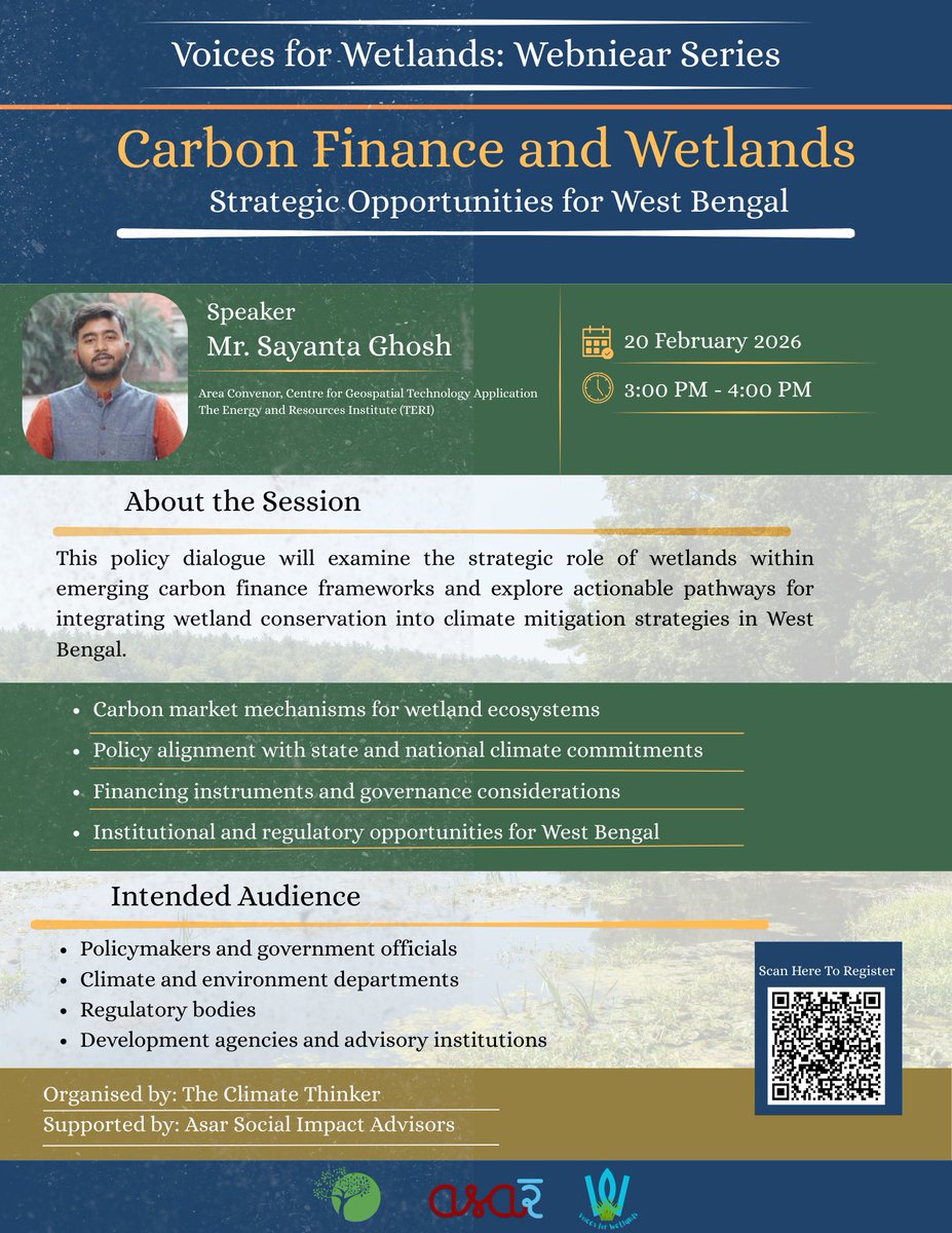 ClimateThinker's tweet photo. Upcoming Webinar 
 
🗓 20 February 2026
⏰ 3:00 PM – 4:00 PM (IST)
🎙 Speaker: Mr. Sayanta Ghosh
 Area Convenor, Centre for Geospatial Technology Application
 The Energy and Resources Institute (TERI)

Registration Link
https://t.co/BLUvhAcw2y https://t.co/R9fRkjoG13