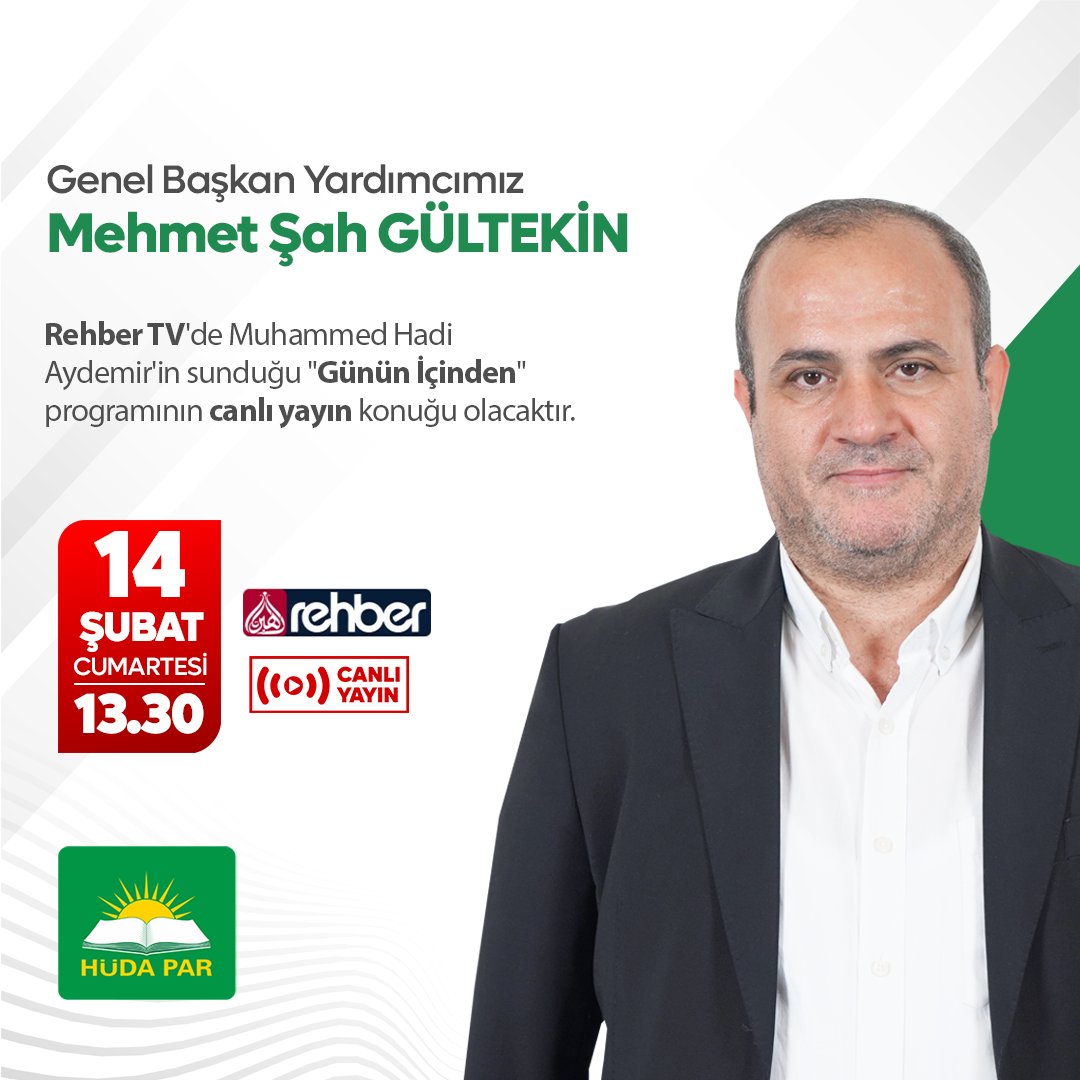 Genel Başkan Yardımcımız Mehmet Şah Gültekin, bugün saat 13.30'da Rehber TV'de Muhammed Hadi Aydemir'in sunduğu "Günün İçinden" programının canlı yayın konuğu olacaktır.