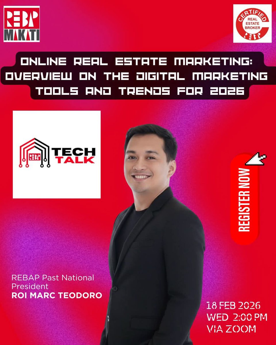 condohomes's tweet photo. Join REBAP Makati TechTalk 2026
🗓 February 18, 2026 Wednesday
⏰ 2:00 pm
📍 Via Zoom
🎟 FREE for all REBAP members!

🎤 Resource Speaker:
REBAP National Past President Roi Marc Teodoro

📲 Register now:
https://t.co/RLdhV2VWpH https://t.co/rY0jzgHDd6