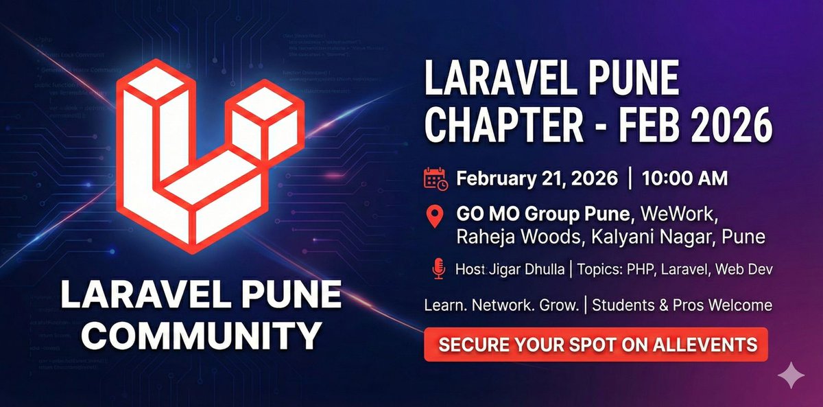 laravel_pune's tweet photo. 📢Laravel Pune Community - February 2026 Chapter
Let’s gather, connect, and talk Laravel!
Date: 21 February, 2026
Time: 10:00 am – 01:00 pm
Venue: GO MO Group, WeWork, Raheja Woods, Kalyani Nagar, Pune
Registration Link: https://t.co/DIOnBcOPkV
#Laravel #Pune #Meetup #LaravelPune https://t.co/xwUtIMrCtE