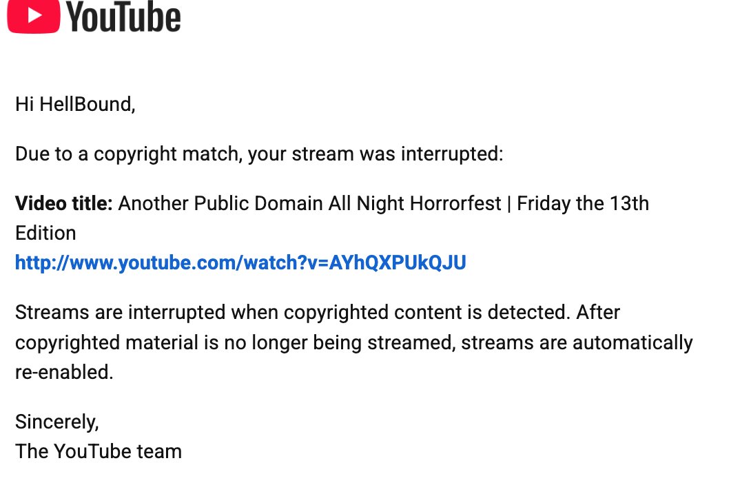 Hellbound_HS's tweet photo. @TeamYouTube How is there a copyright match on a Public Domain movie?  It's the same copy of the film that is already littered on youtube.  Just be consistent.  @TeamYouTube https://t.co/pW0ZaTL5RB