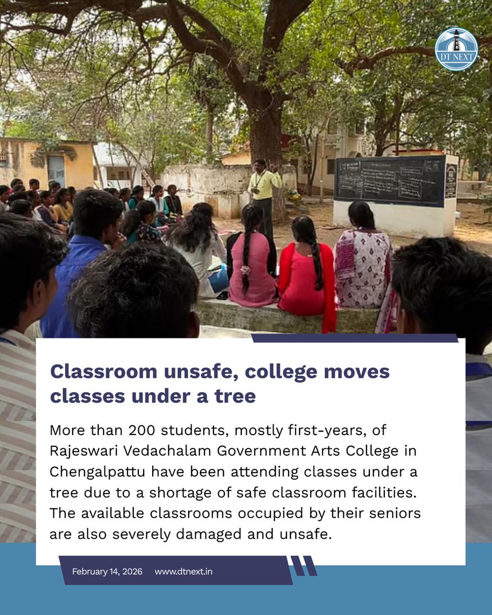 dt_next's tweet photo. More than 200 students, mostly first-years, of Rajeswari Vedachalam Government Arts College in Chengalpattu have been attending classes under a tree due to a shortage of safe classroom facilities. 

🖊️ @VASUDEVANS0121  
https://t.co/wcgI5I7Gas

#DTNext #Chennai https://t.co/bNPIy4OCfd