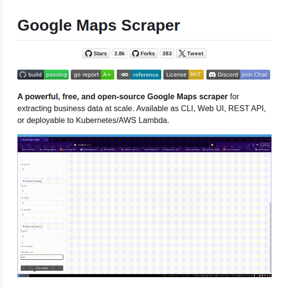 tom_doerr's tweet photo. Extracts business data from Google Maps via CLI or API

https://t.co/AR5EfLUi6P https://t.co/s9gauSWazK